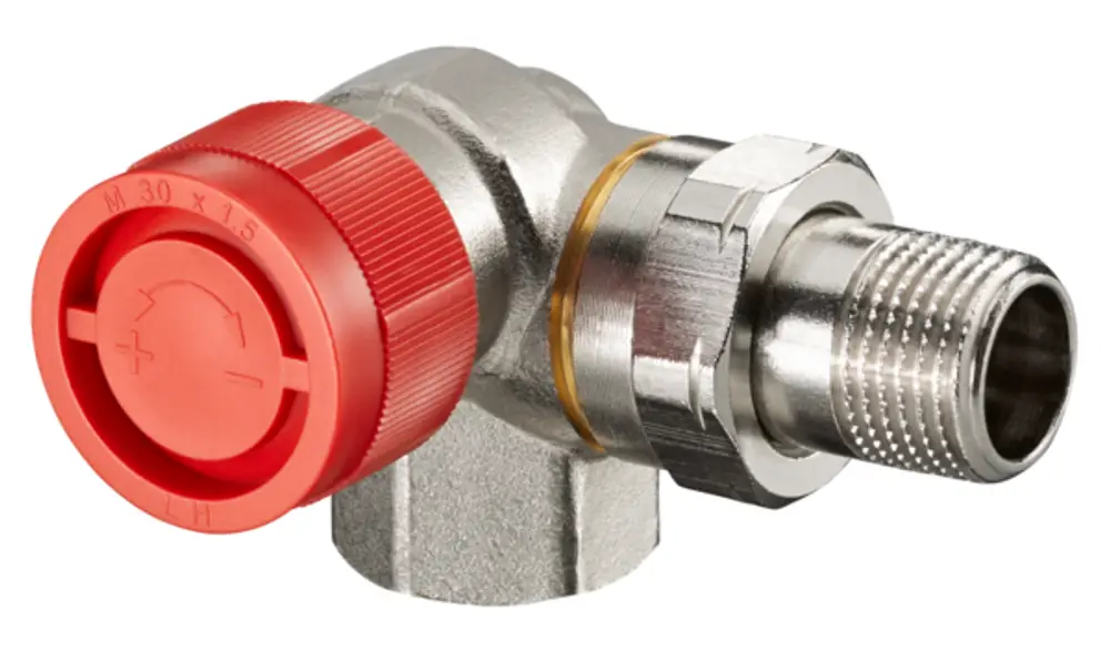 Thermostatventil von Oventrop, Winkeleck-Design, mit rotem Einstellknopf und metallischer Verbindung. Anschluss mit Gewinde, geeignet für Heizungsanwendungen.